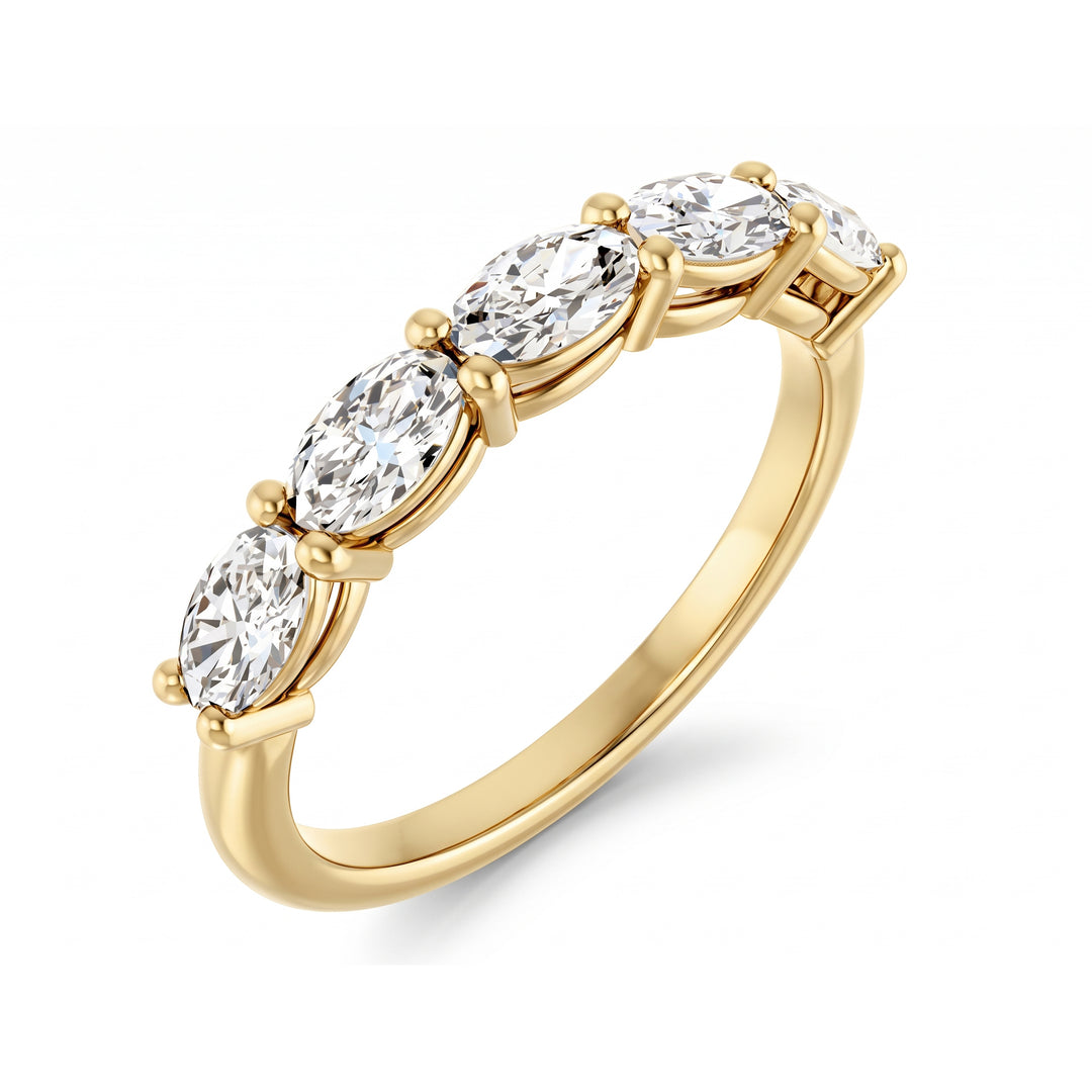 Lab Grown Oval Cut 5 Stone Diamond East-West Band gallery style yellow gold in white background