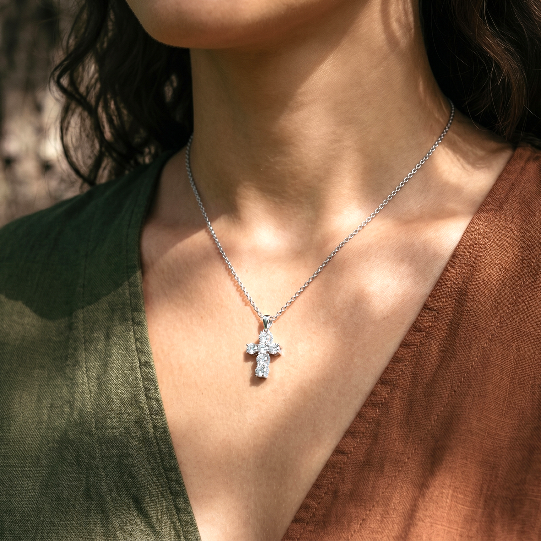 3.20 Carat Diamond Cross Pendant with Pave Set Diamond Necklace