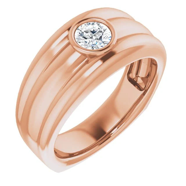 Lab Grown Men's Bezel Round Cut Diamond Ridged Ring IGI Certified