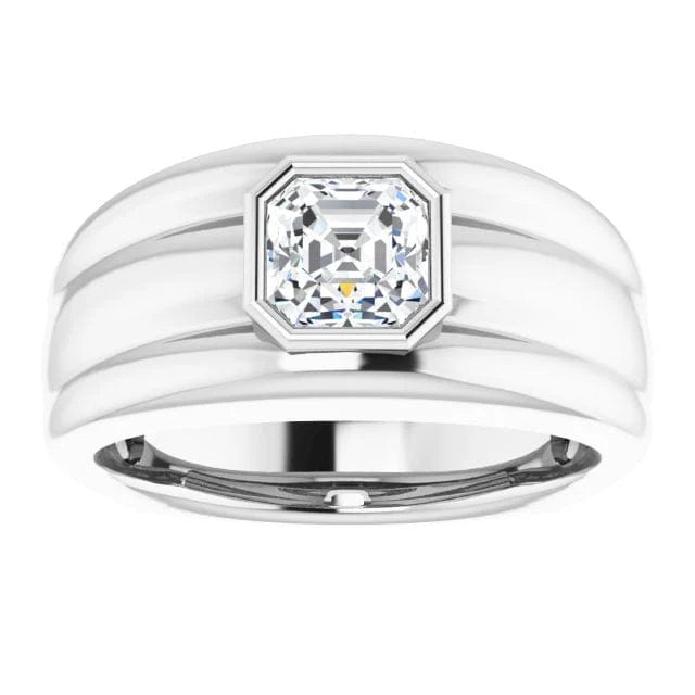 Lab Grown Men's Bezel Asscher Cut Diamond Ring Ridge Detail IGI Certified