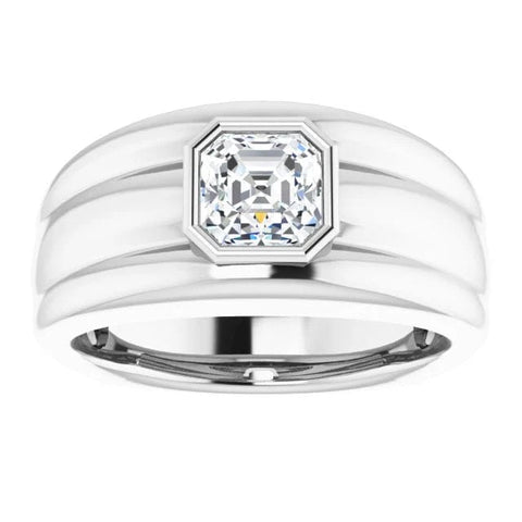 Lab Grown Men's Bezel Asscher Cut Diamond Ring Ridge Detail IGI Certified