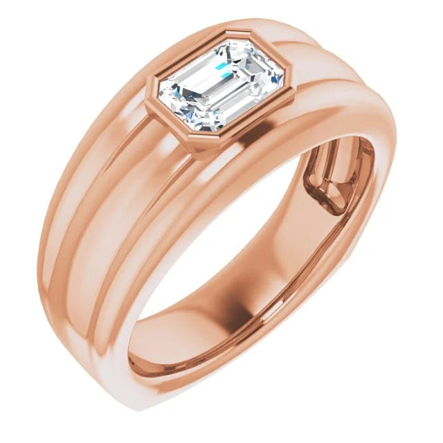 Lab Grown Men's Emerald Cut East-West Bezel Ridged Ring 9.5mm Width IGI Certified