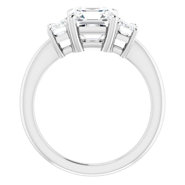 Asscher cut and Emerald cut 3-stone diamond ring in white gold side profile