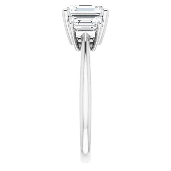 Asscher cut and Emerald cut 3-stone diamond ring in white gold side view
