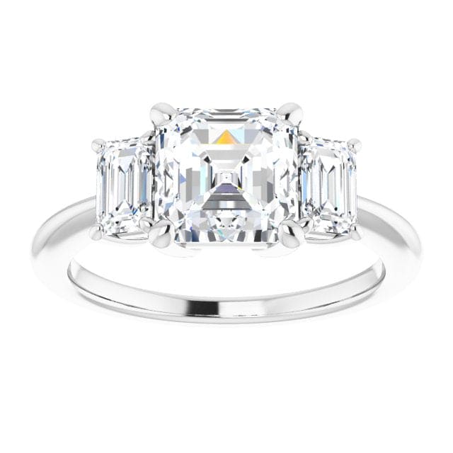 Asscher cut and emerald cut 3 stone diamond ring in white gold top view