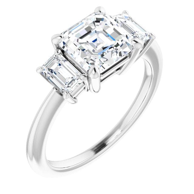 Asscher cut and emerald cut 3 stone diamond ring in white gold