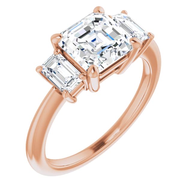 Asscher cut and Emerald cut 3-stone diamond ring in rose gold