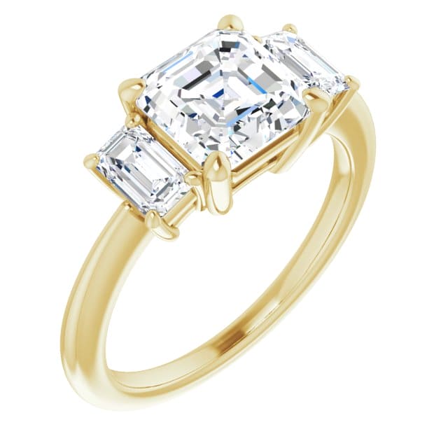 Asscher cut and Emerald cut 3-stone diamond ring in yellow gold