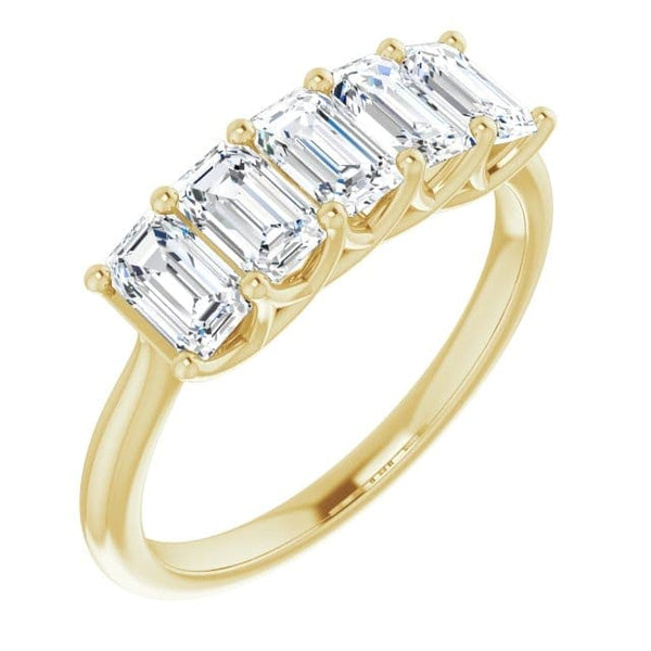 5 stone emerald cut yellow gold angle view  trellis design