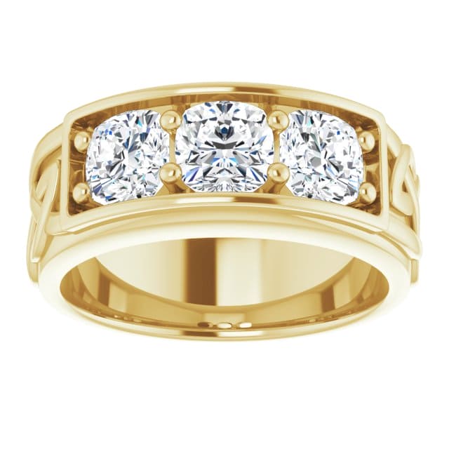 Lab Grown Celtic Men's 3-Stone Cushion Cut Diamond Ring 8mm IGI Certified (2.10 Ctw)