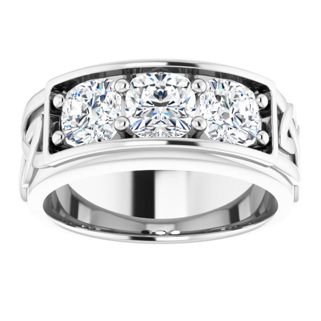 Lab Grown Celtic Men's 3-Stone Cushion Cut Diamond Ring 8mm IGI Certified (2.10 Ctw)