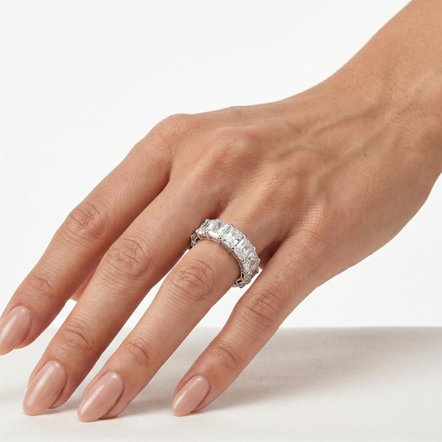 Radiant Cut Eternity Band on hand