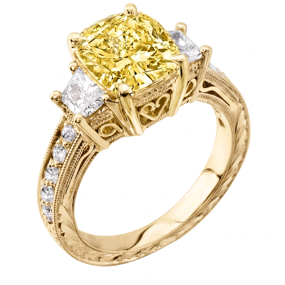 Yellow Cushion Cut Art-Deco Ring yellow gold