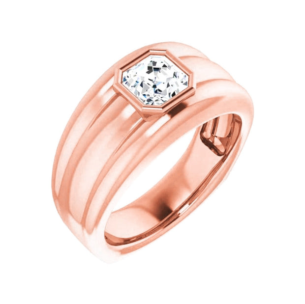 Lab Grown Men's Bezel Asscher Cut Diamond Ring Ridge Detail IGI Certified