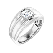 Lab Grown Men's Bezel Asscher Cut Diamond Ring Ridge Detail IGI Certified
