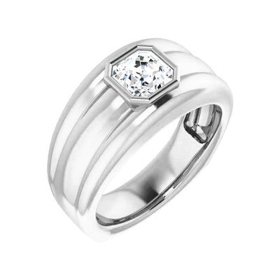 Lab Grown Men's Bezel Asscher Cut Diamond Ring Ridge Detail IGI Certified