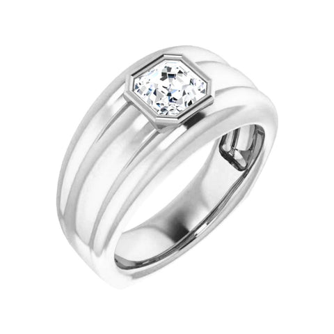 Lab Grown Men's Bezel Asscher Cut Diamond Ring Ridge Detail IGI Certified