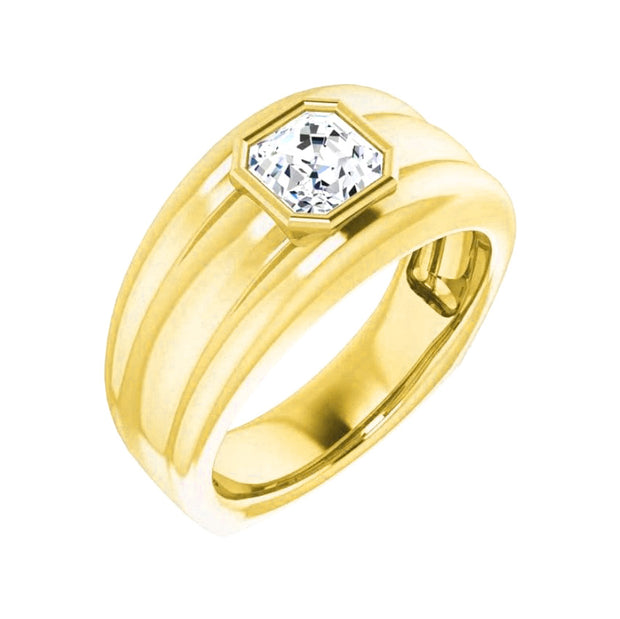 Lab Grown Men's Bezel Asscher Cut Diamond Ring Ridge Detail IGI Certified