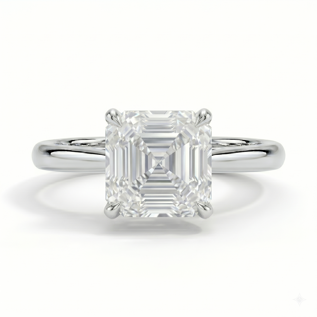 Asscher cut Diamond ring in white gold top view