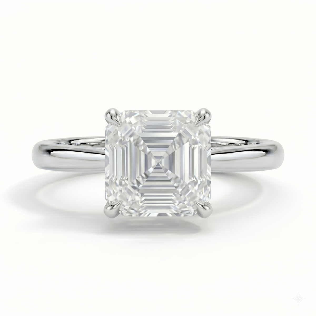 Asscher cut diamond ring in white gold top view