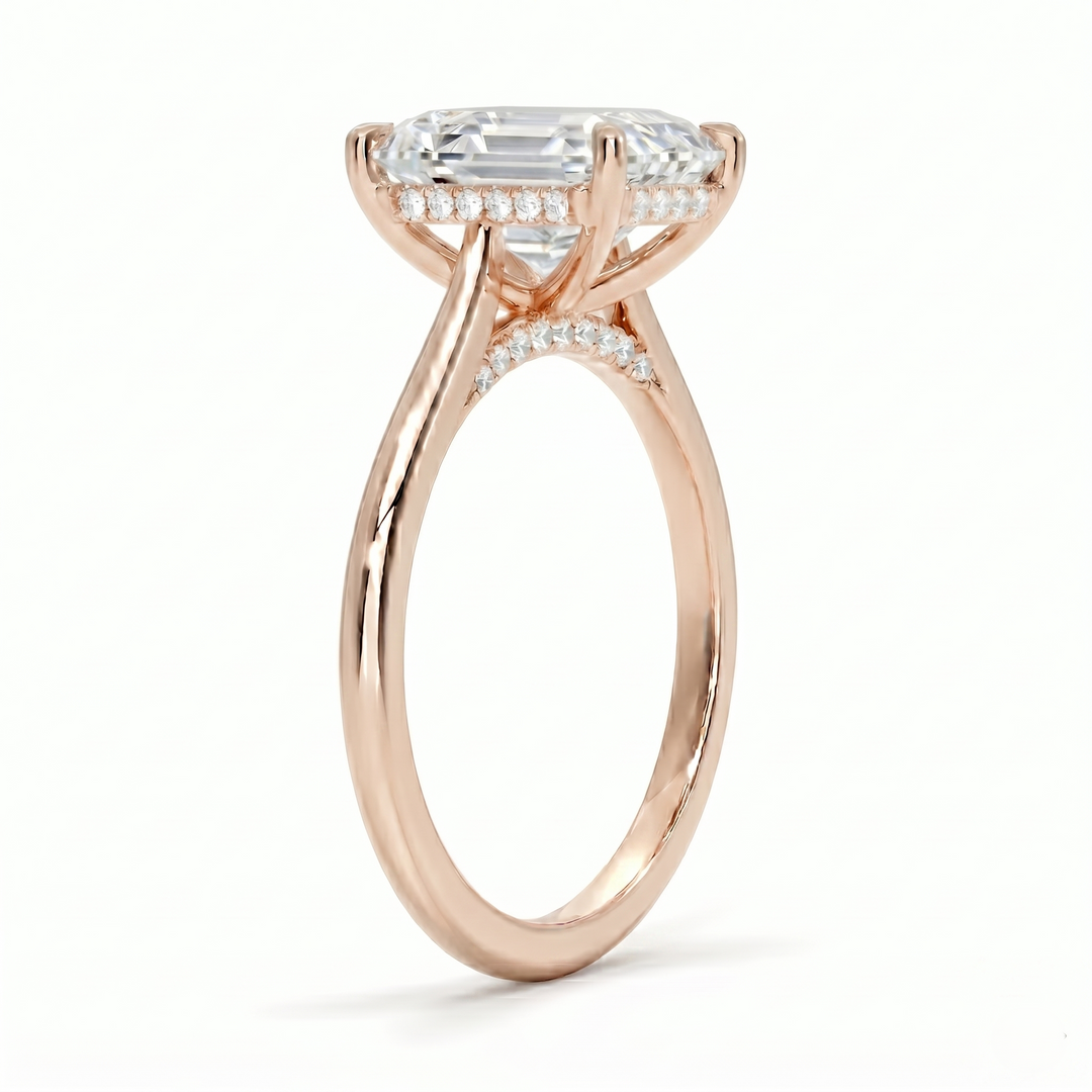 Asscher cut hidden halo Diamond ring in rose gold side profile