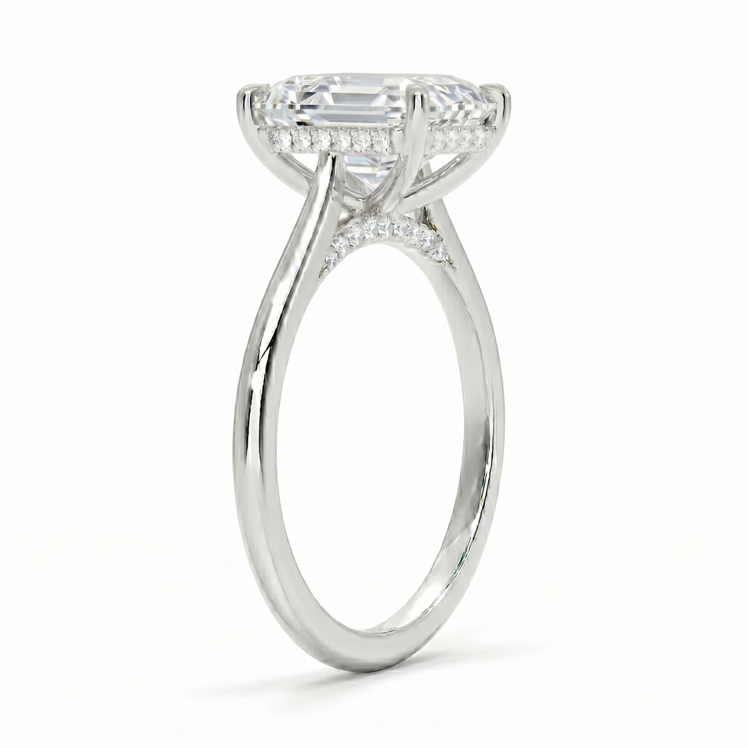 Asscher cut hidden halo Diamond ring in white gold side profile