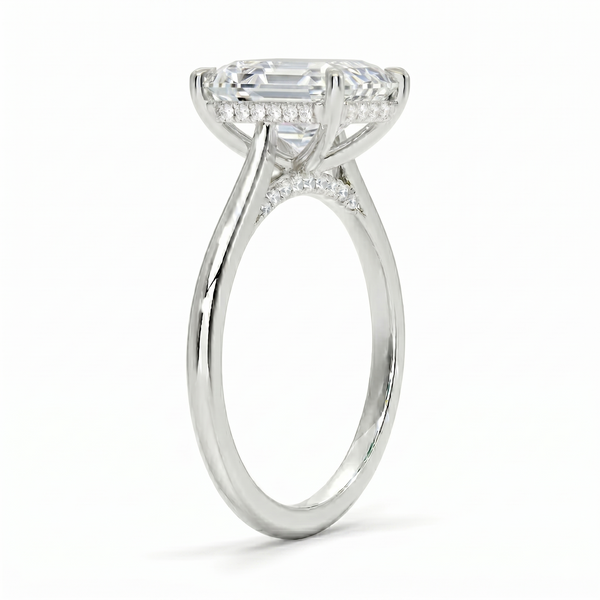 Asscher cut hidden halo Diamond ring in white gold side profile