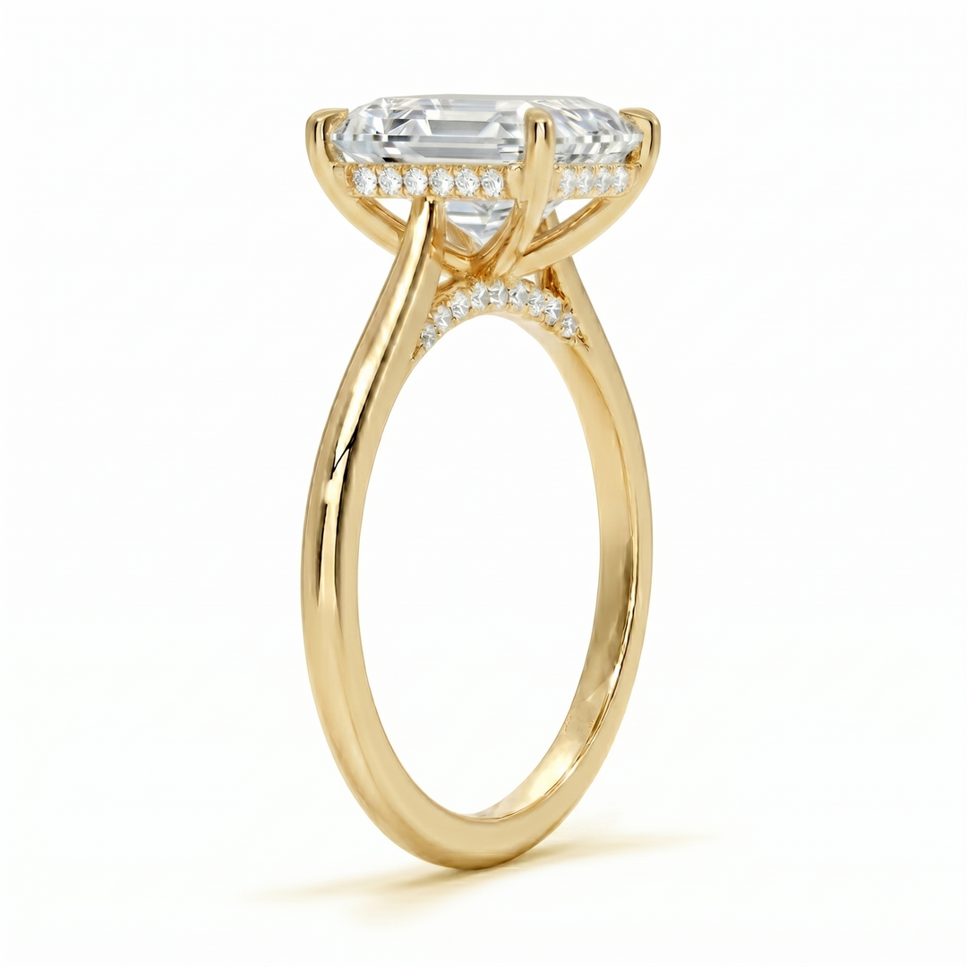Asscher cut hidden halo Diamond ring in yellow gold side profile