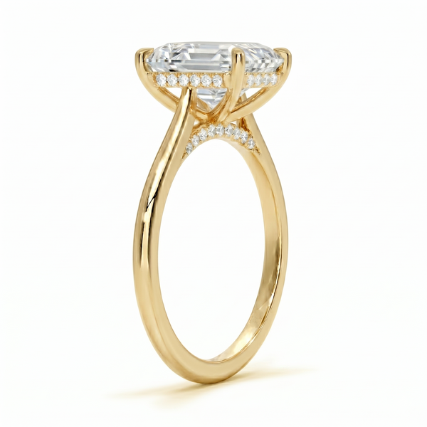 Asscher cut hidden halo Diamond ring in yellow gold side profile
