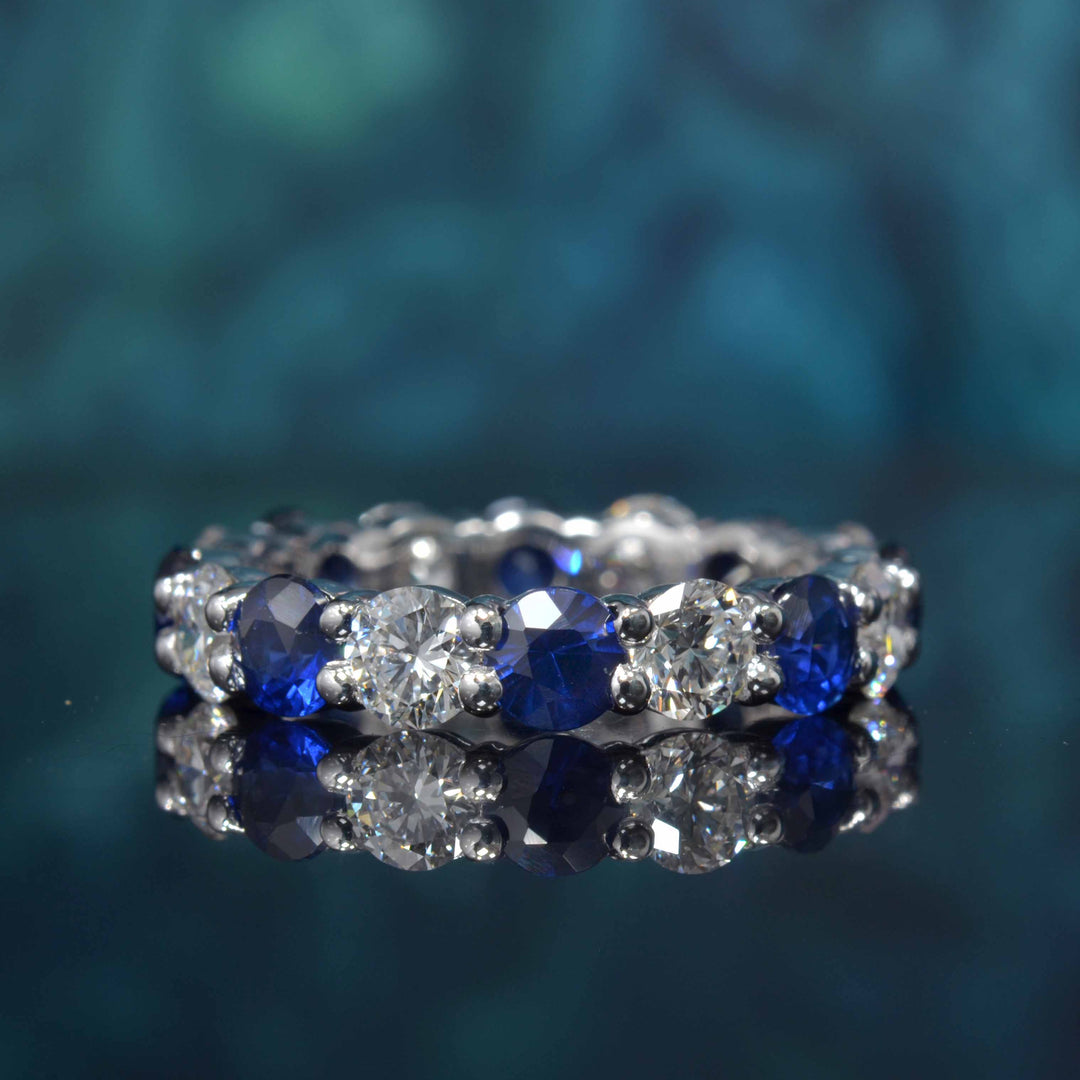 3.00 Carat Round Cut Diamond and Blue Sapphire Eternity Ring