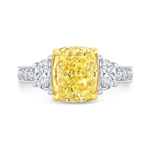 Lab Grown Yellow Cushion Cut with Half Moon Diamond Pave Ring VVS2 IGI Certified