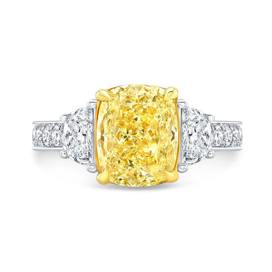 Lab Grown Yellow Cushion Cut & Half Moon Pave Diamond Ring VVS2 IGI Certified