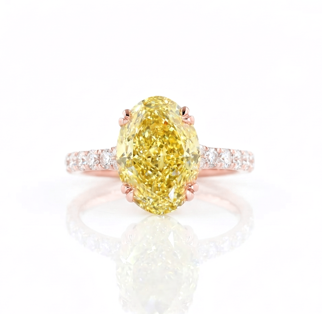 Lab Grown Oval Yellow Diamond Hidden Halo Pave Ring VVS2 IGI Certified