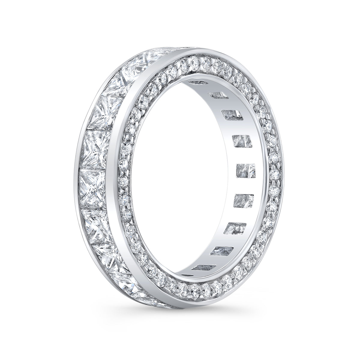 Princess cut channel set eternity band with pave on the sides