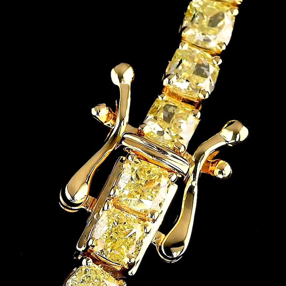 Cushion cut diamond fancy light yellow tennis necklace in yellow gold 3mm lock