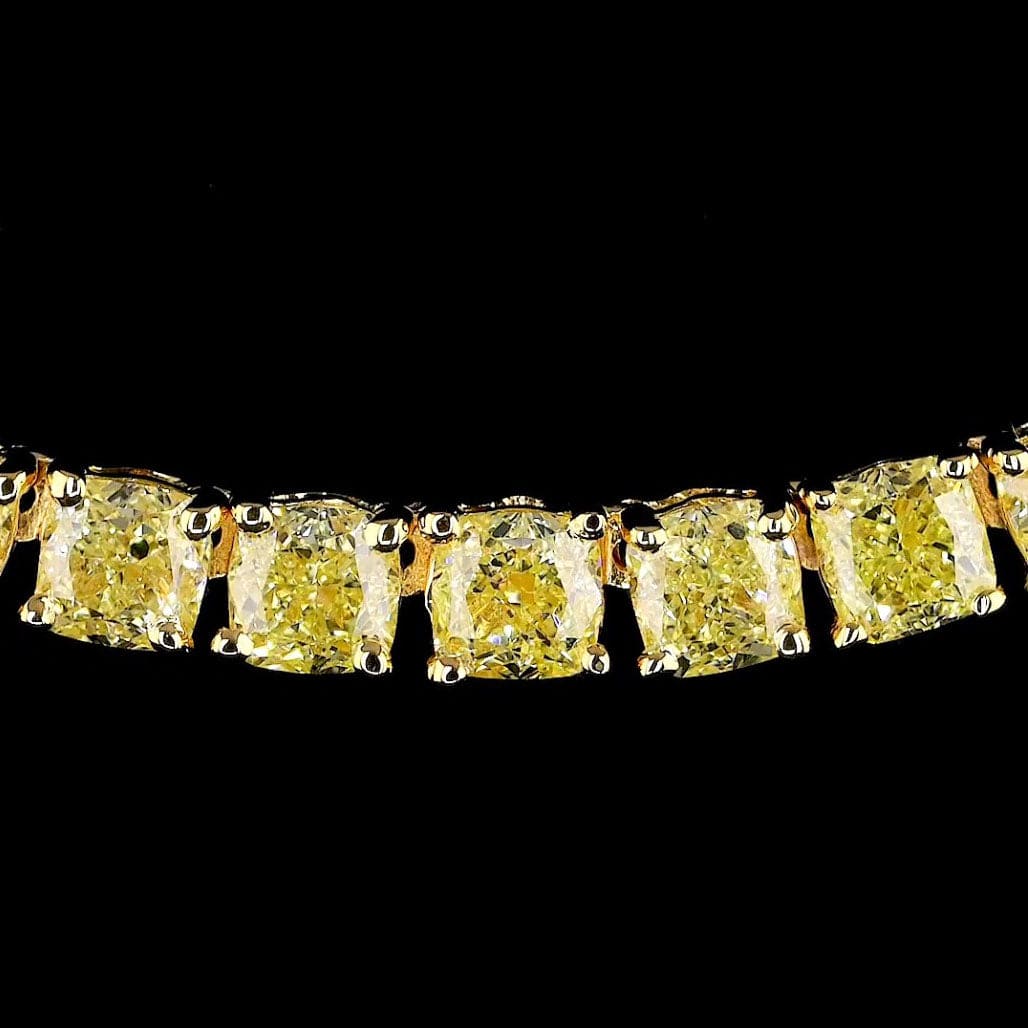 Cushion Cut Diamond Fancy Light Yellow Tennis Necklace in Yellow Gold 3mm front view magnified