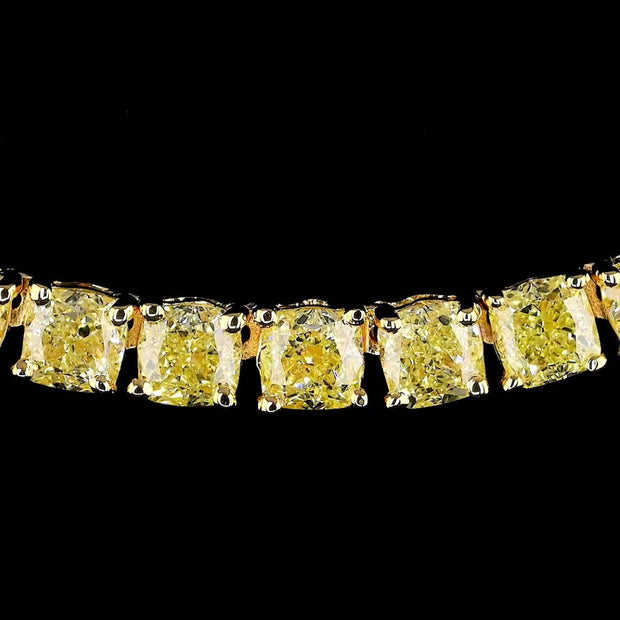 Cushion Cut Diamond Fancy Light Yellow Tennis Necklace in Yellow Gold 3mm front view magnified