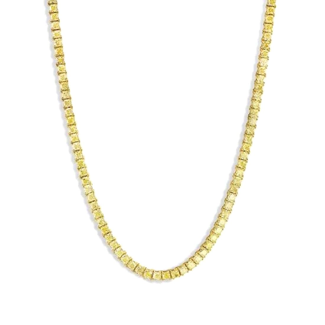 Cushioncutdiamondfancyyellowtennisnecklaceinyellowgold3mm whitebg