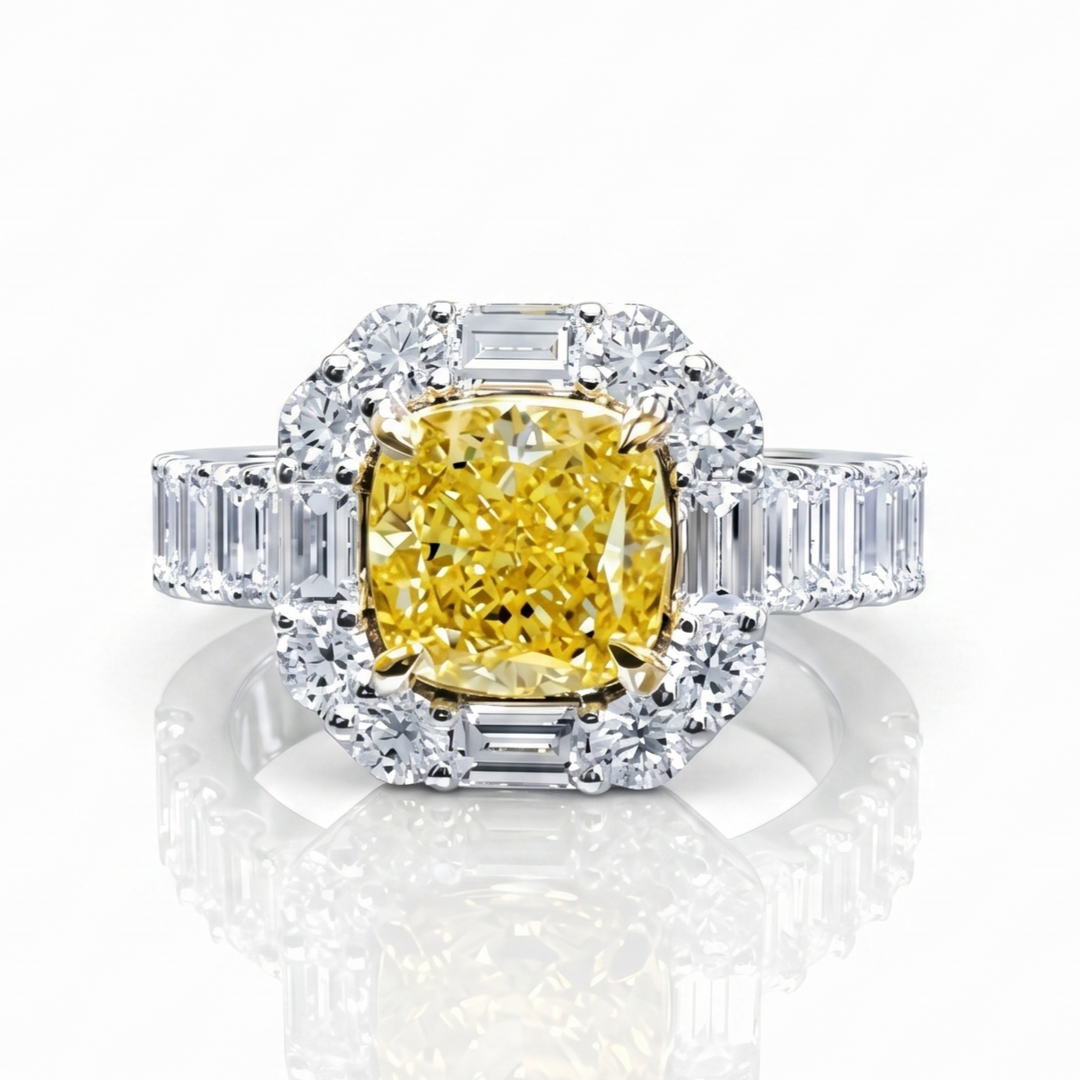 Cushion Yellow diamond with Halo baguette and Round cut Ring in white gold