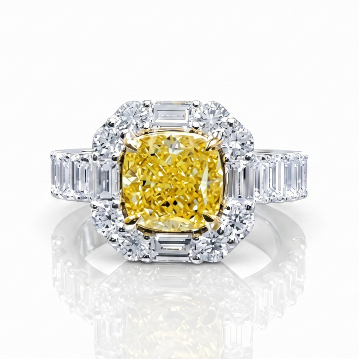 Cushion yellow diamond with halo baguette and round cut ring in white gold