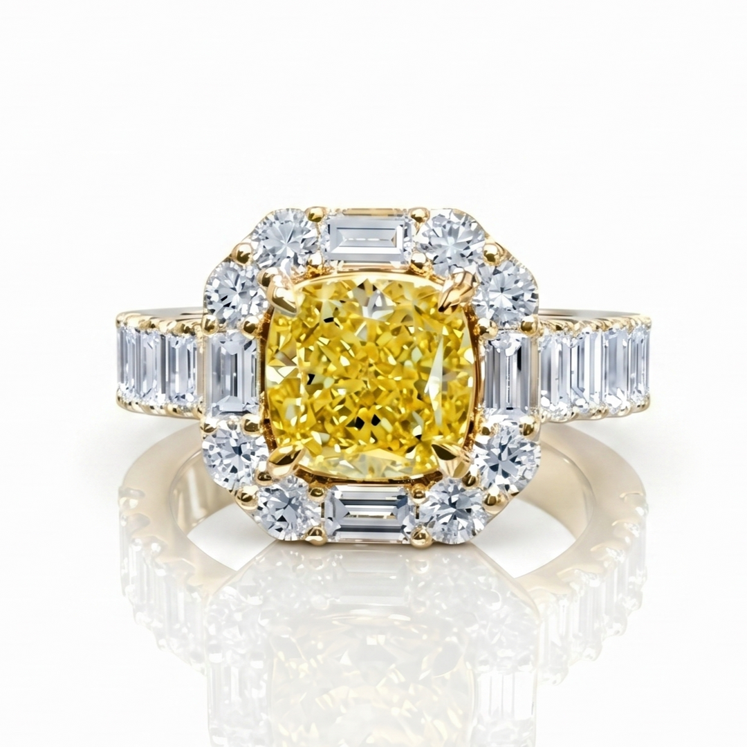 Cushion Yellow diamond with Halo baguette and Round cut Ring in yellow gold