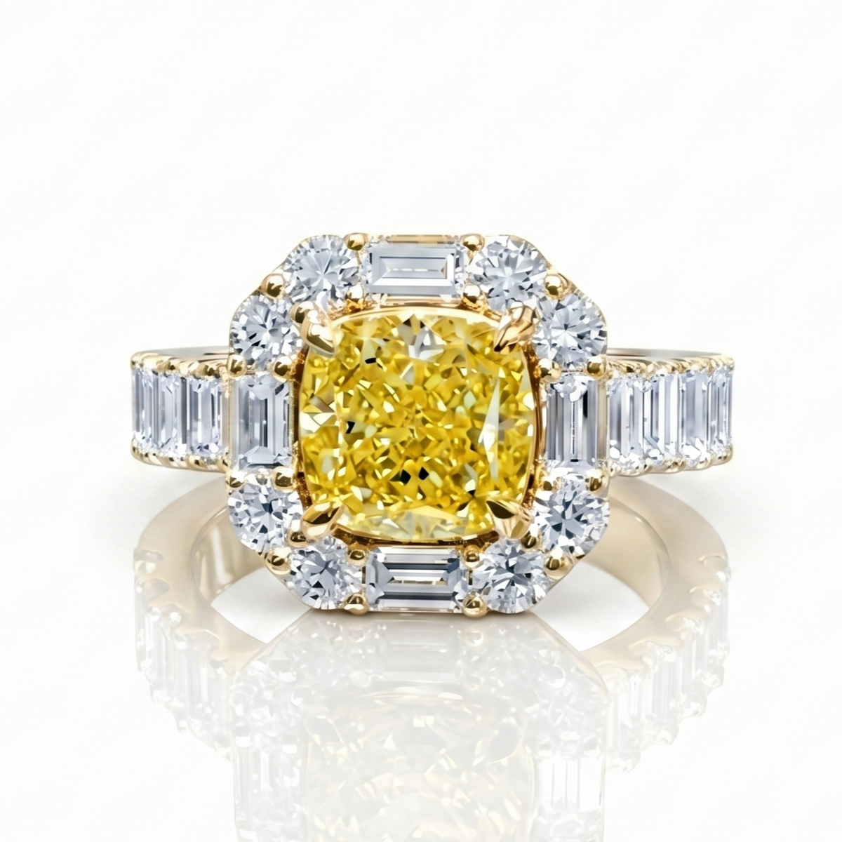 Cushion yellow diamond with halo baguette and round cut ring in yellow gold