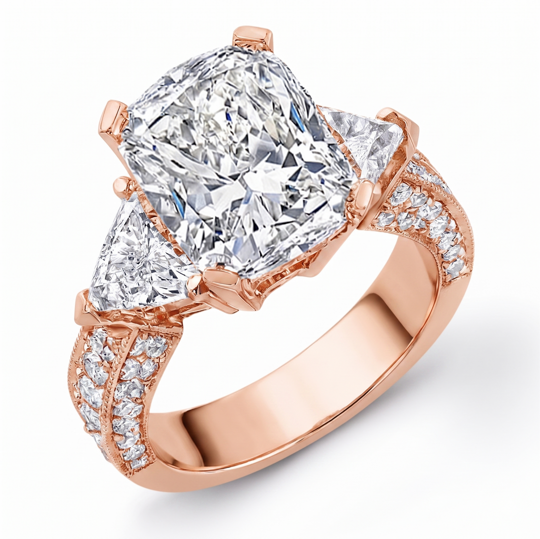 Lab Grown Cushion Cut Hidden Halo Three-Stone Ring F VS1 IGI Certified 4.20 Ctw