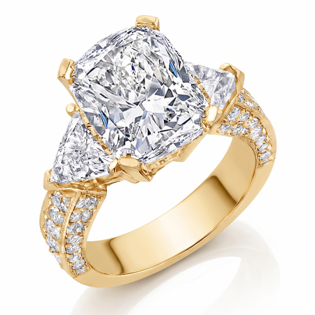 Lab Grown Cushion Cut Hidden Halo Three-Stone Ring F VS1 IGI Certified 4.20 Ctw