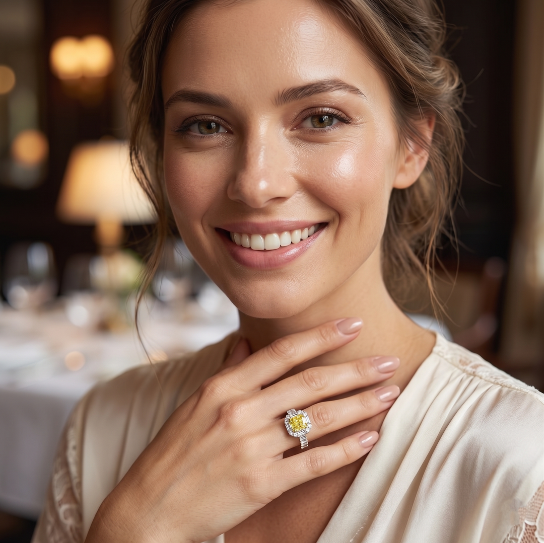 Cushion Yellow diamond with Halo baguette and Round cut Ring on lady model's hand in white gold