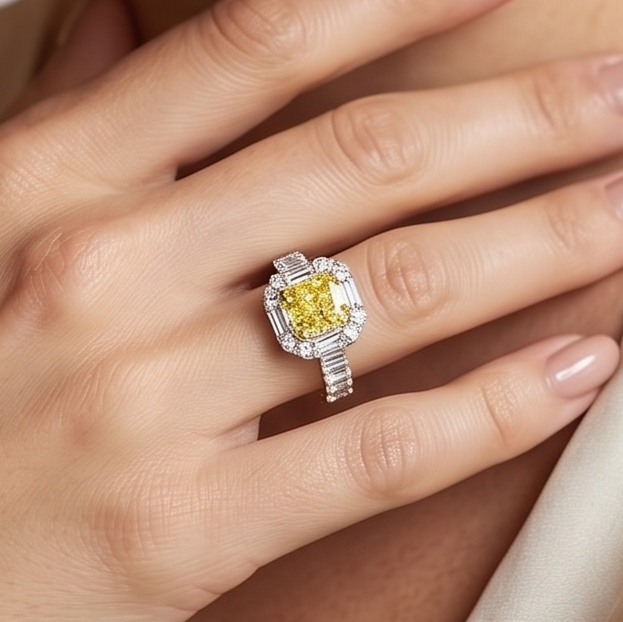 Cushion Yellow diamond with Halo baguette and Round cut Ring on ring finger  in white gold