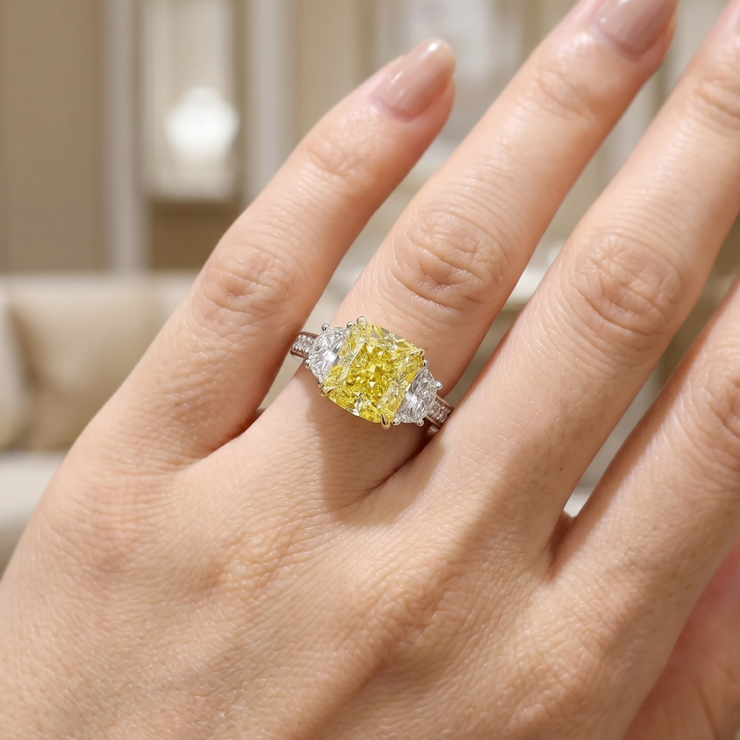 Cushion and halfmoon with round pave diamond ring on hand in white and yellow gold