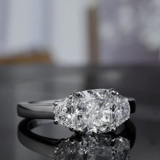 Cushion Cut & Half Moon 3-Stone Diamond Ring in white gold