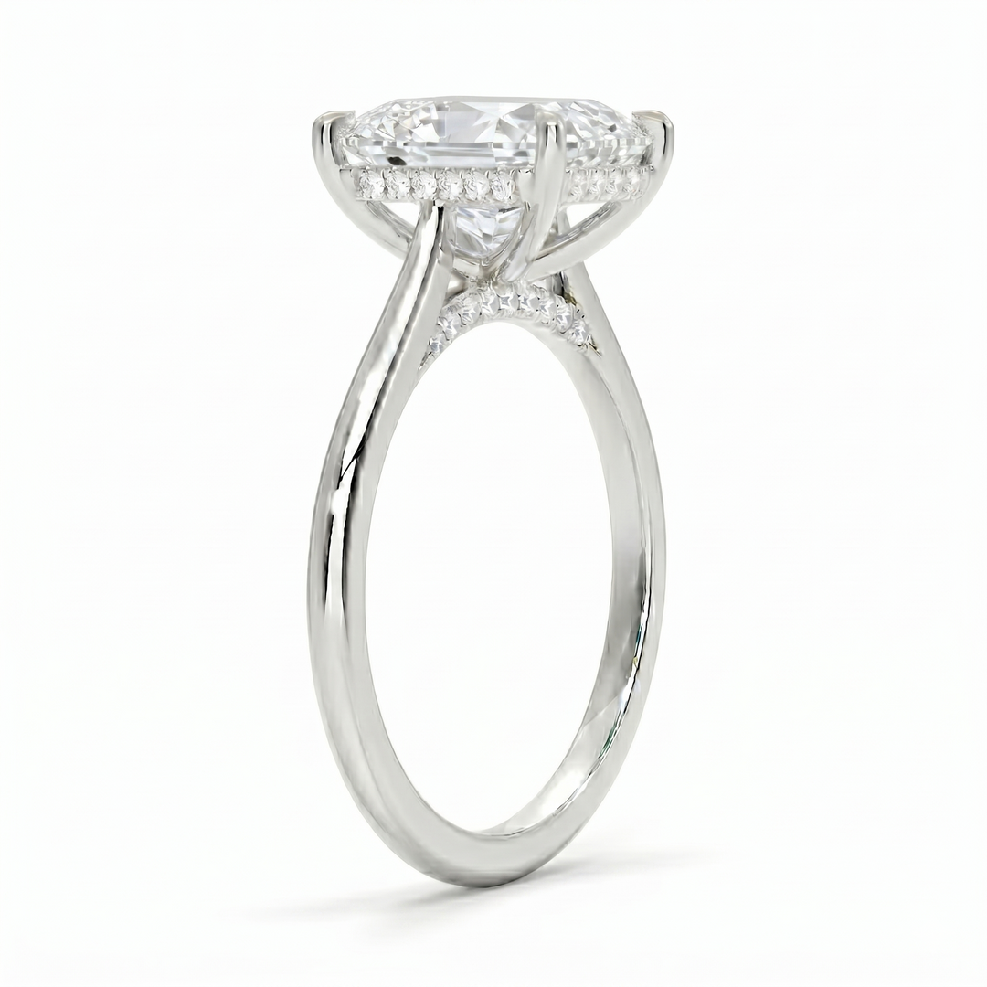 Cushion cut hidden halo diamond ring side profile in white gold