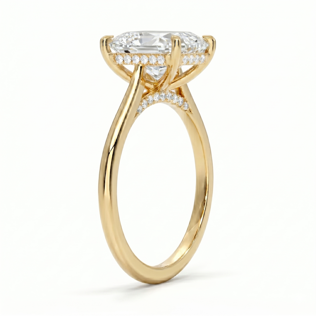 Cushion cut hidden halo diamond ring side profile in yellow gold